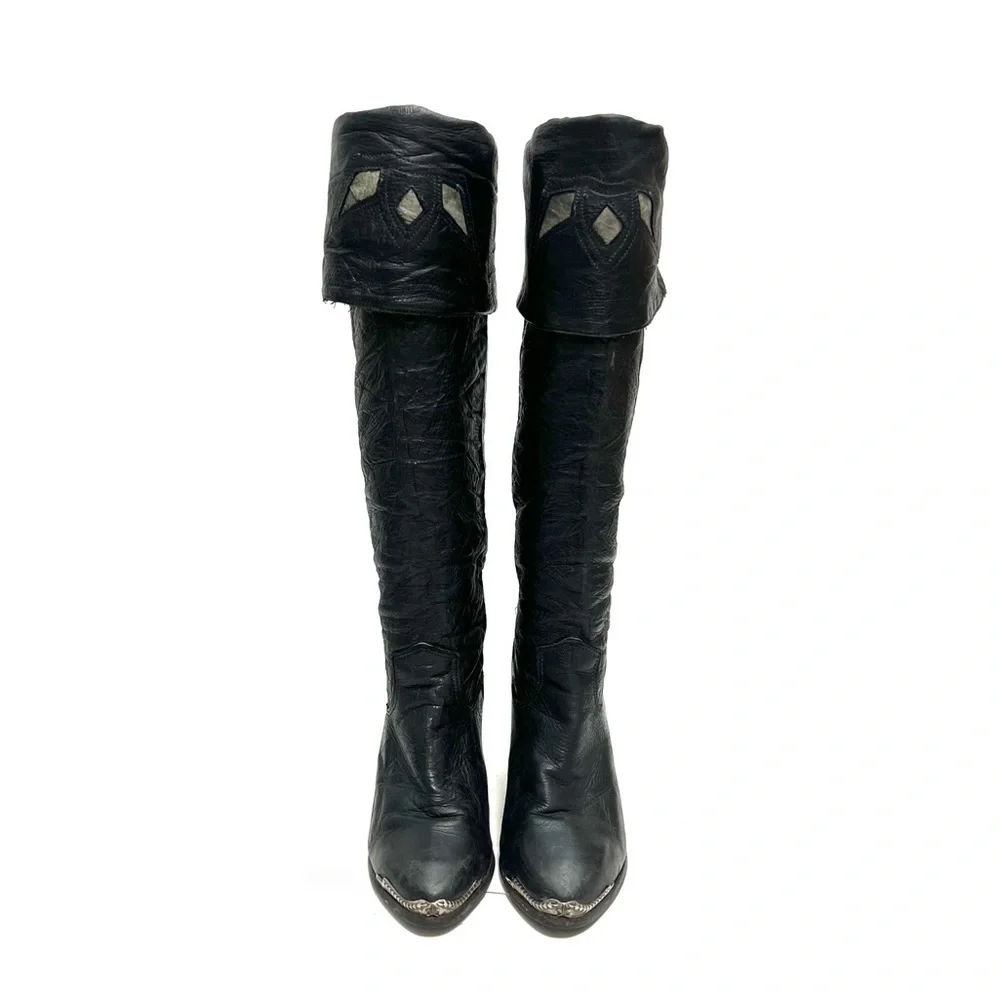 ZODIAC | Vintage 1980s black leather knee high fold over inlay heeled boots